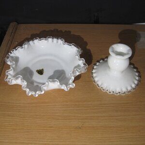 2 Fenton Milk Glass a) Candy Dish &  b) Candle Holder